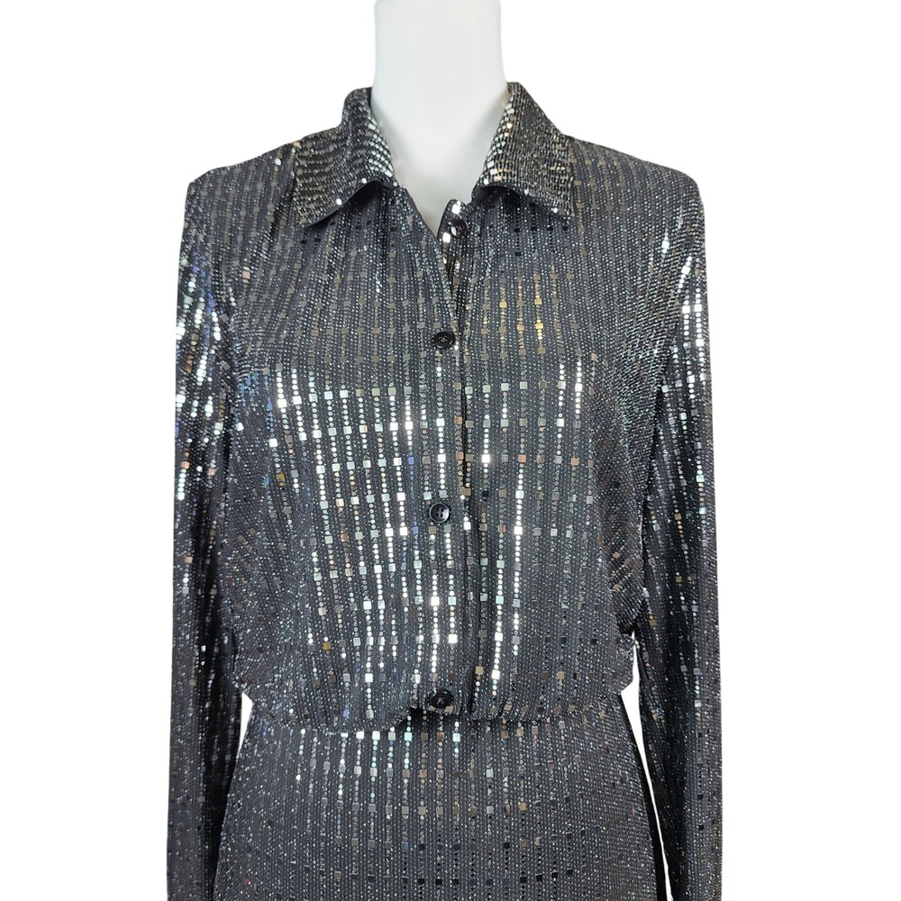 Cider Silver Sequin Metallic Button Up Long Sleeve Mini Dress Black Large - Picture 3 of 12